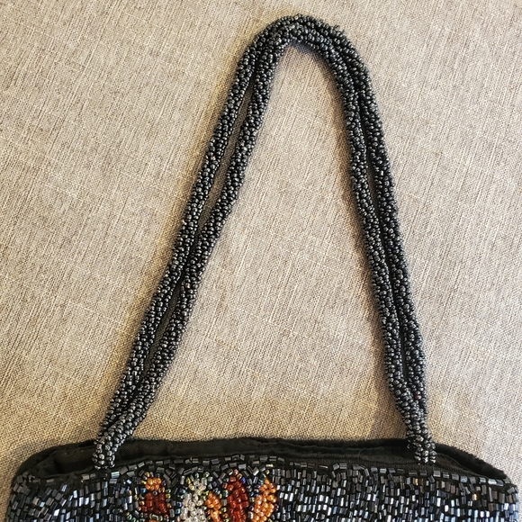 Beaded Purse Bag Floral Navy Blue Flowers Fringe - Picture 9 of 15